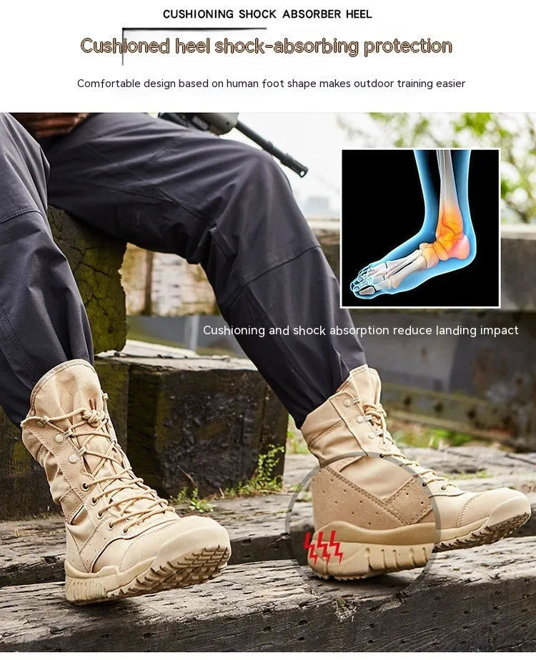 Yulong tactical combat desert boots in black and sand colour options for outdoor sports.