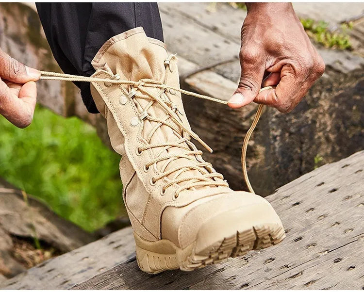 Yulong tactical combat desert boots in black and sand colour options for outdoor sports.