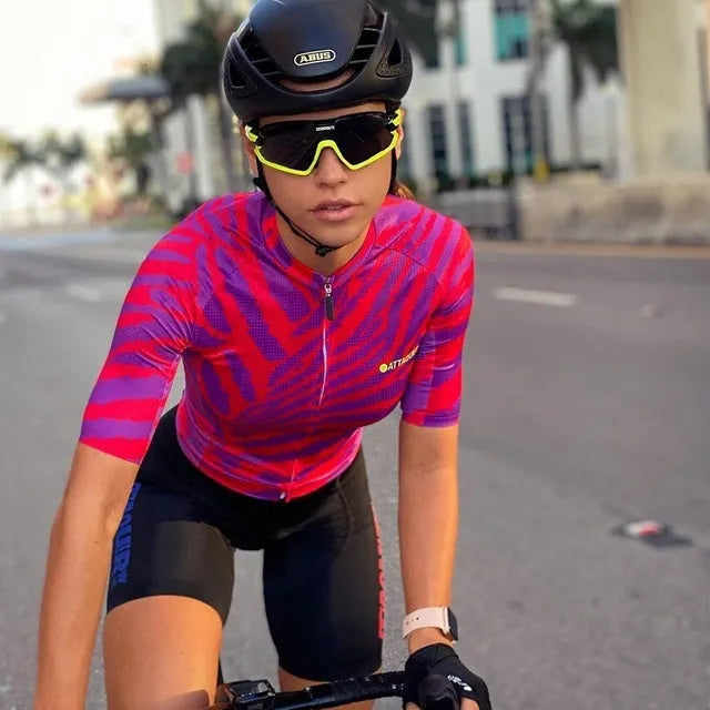 Attaquer women's cycling jersey and bib shorts set with kaleidoscope pattern in multiple colour options