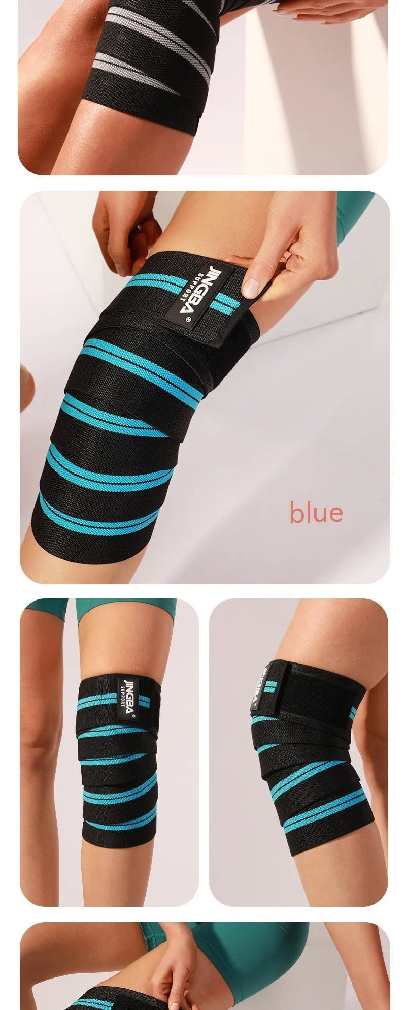 Adult free size adjustable knee pads for weightlifting and cycling in blue, yellow, red, and grey colours