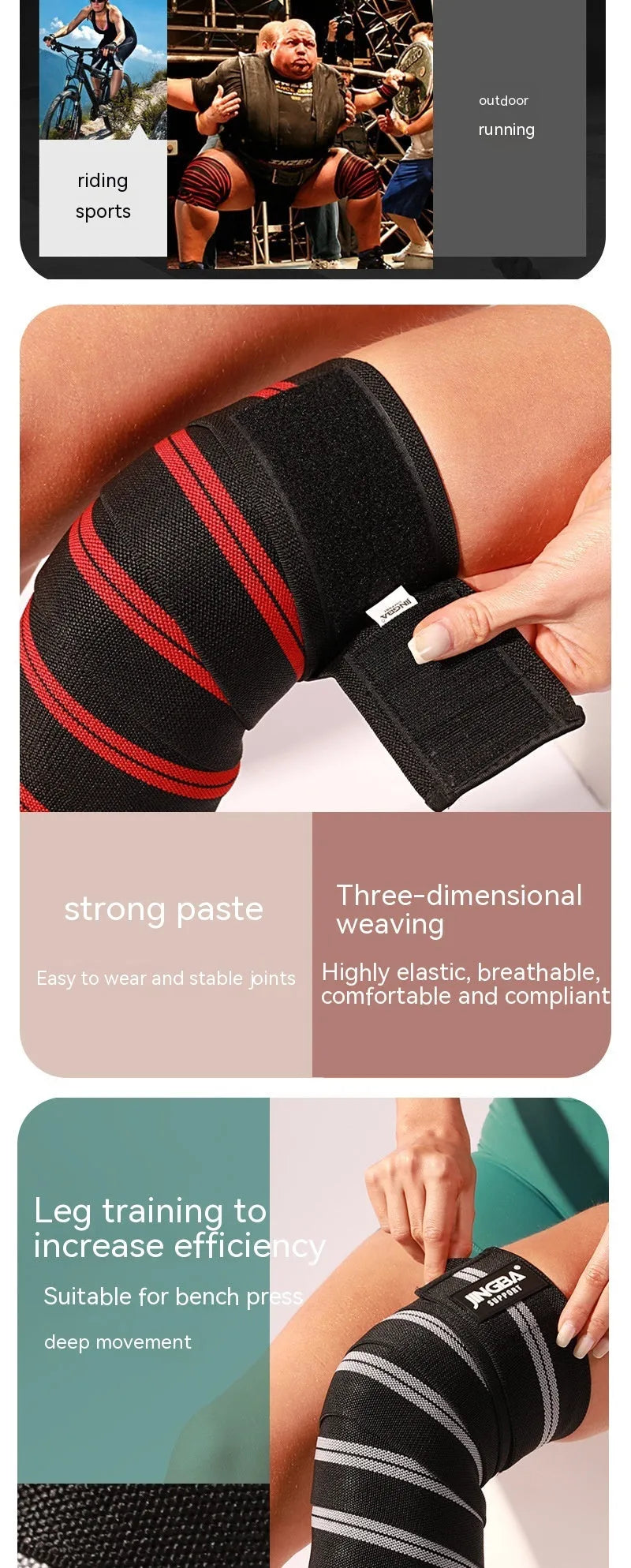 Adult free size adjustable knee pads for weightlifting and cycling in blue, yellow, red, and grey colours