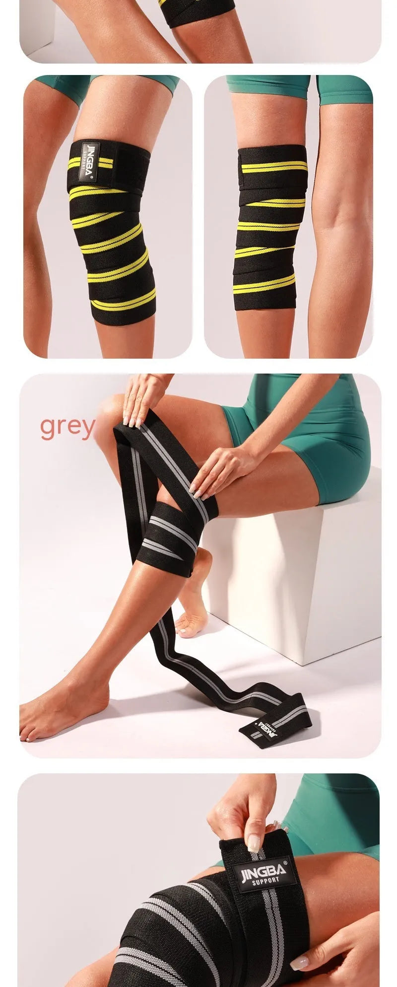 Adult free size adjustable knee pads for weightlifting and cycling in blue, yellow, red, and grey colours