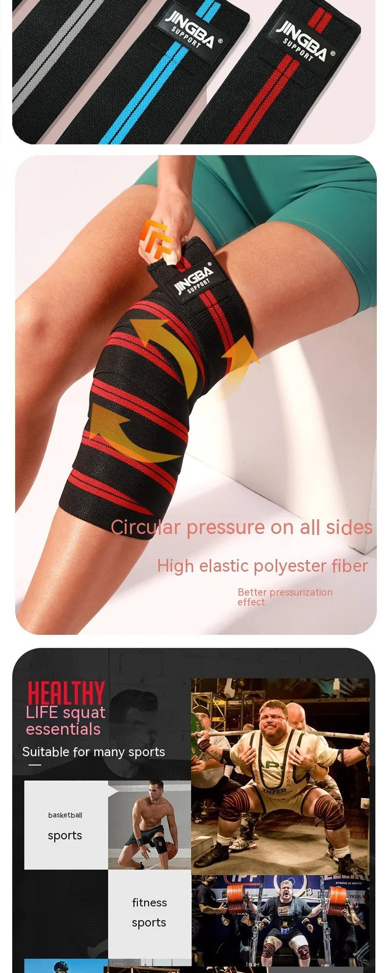 Adult free size adjustable knee pads for weightlifting and cycling in blue, yellow, red, and grey colours