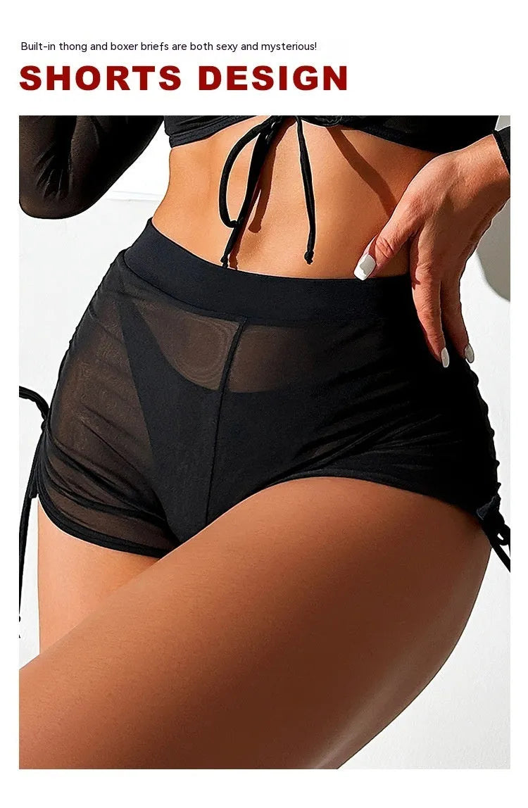 Black mesh four-piece bikini suit with long sleeves for women's swimming