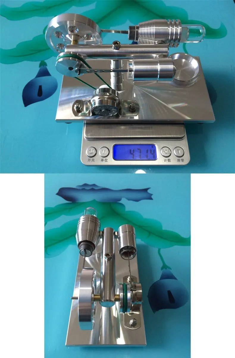 2019 Red upgrade miniature Stirling engine toy on a desk, 155x80x85mm, showing flywheel and cylinder