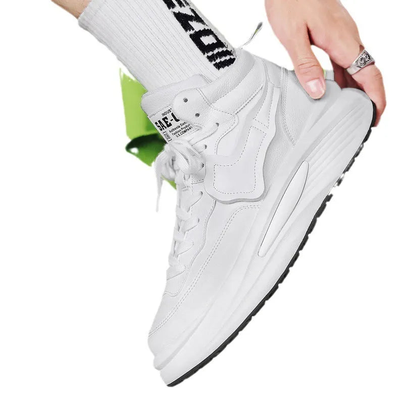 Men's black and white high-top platform casual shoes with a round toe and PU upper.