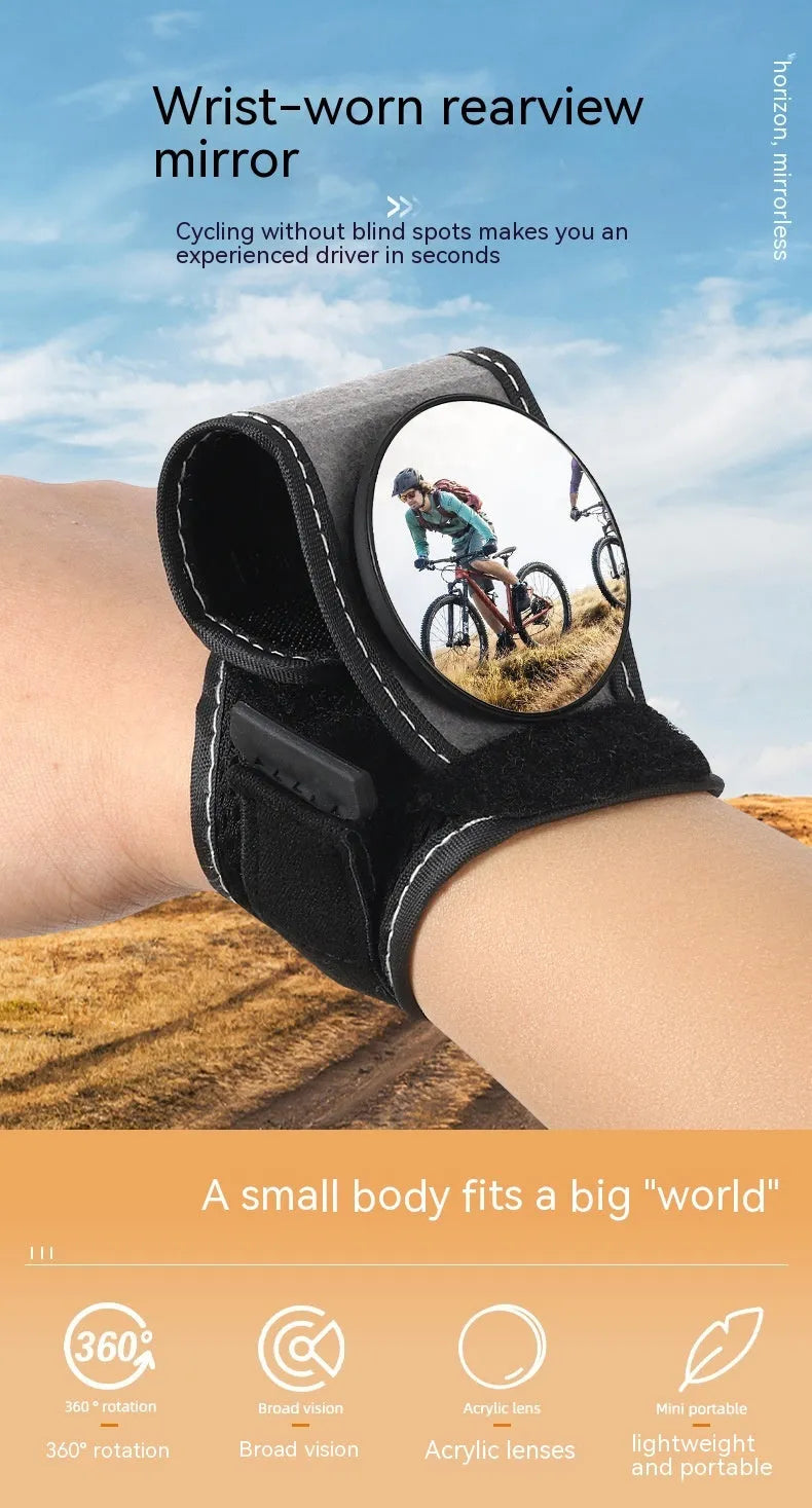 Black nylon wrist-mounted rear-view mirror for bicycles on a cyclist's wrist.