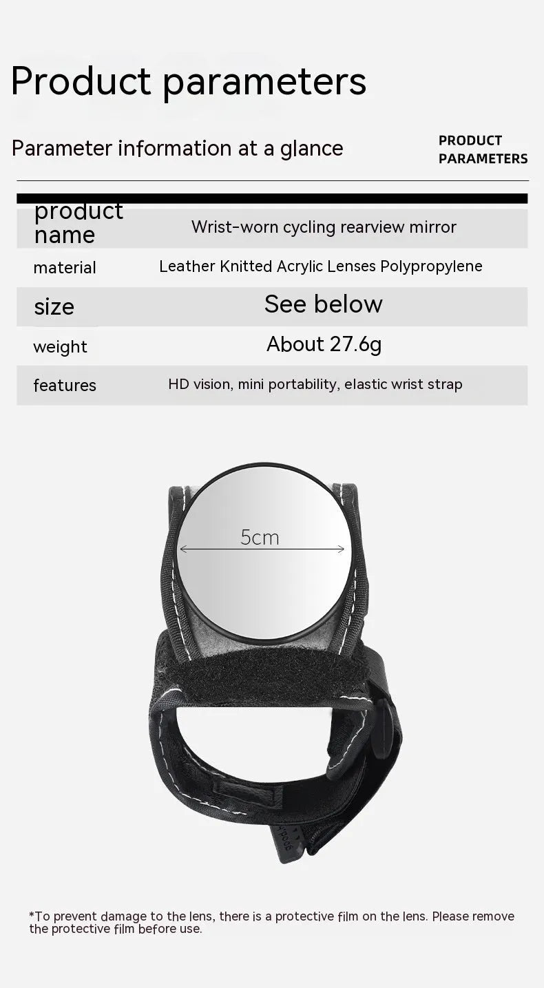 Black nylon wrist-mounted rear-view mirror for bicycles on a cyclist's wrist.