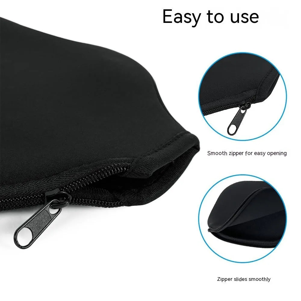 Black neoprene protective sleeve for table tennis racket on solid background