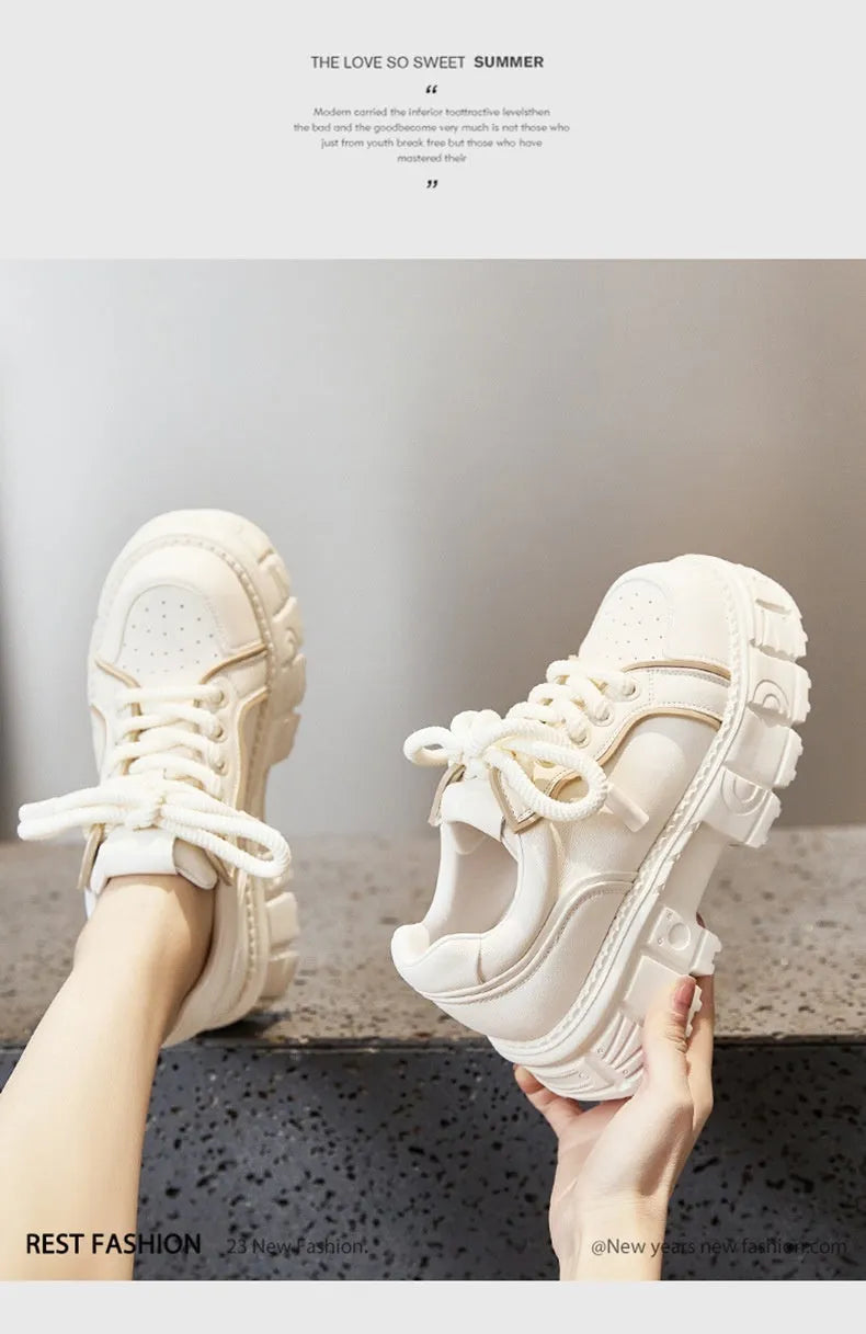 Women's beige muffin bottom leather casual shoes with wedge heel on white background