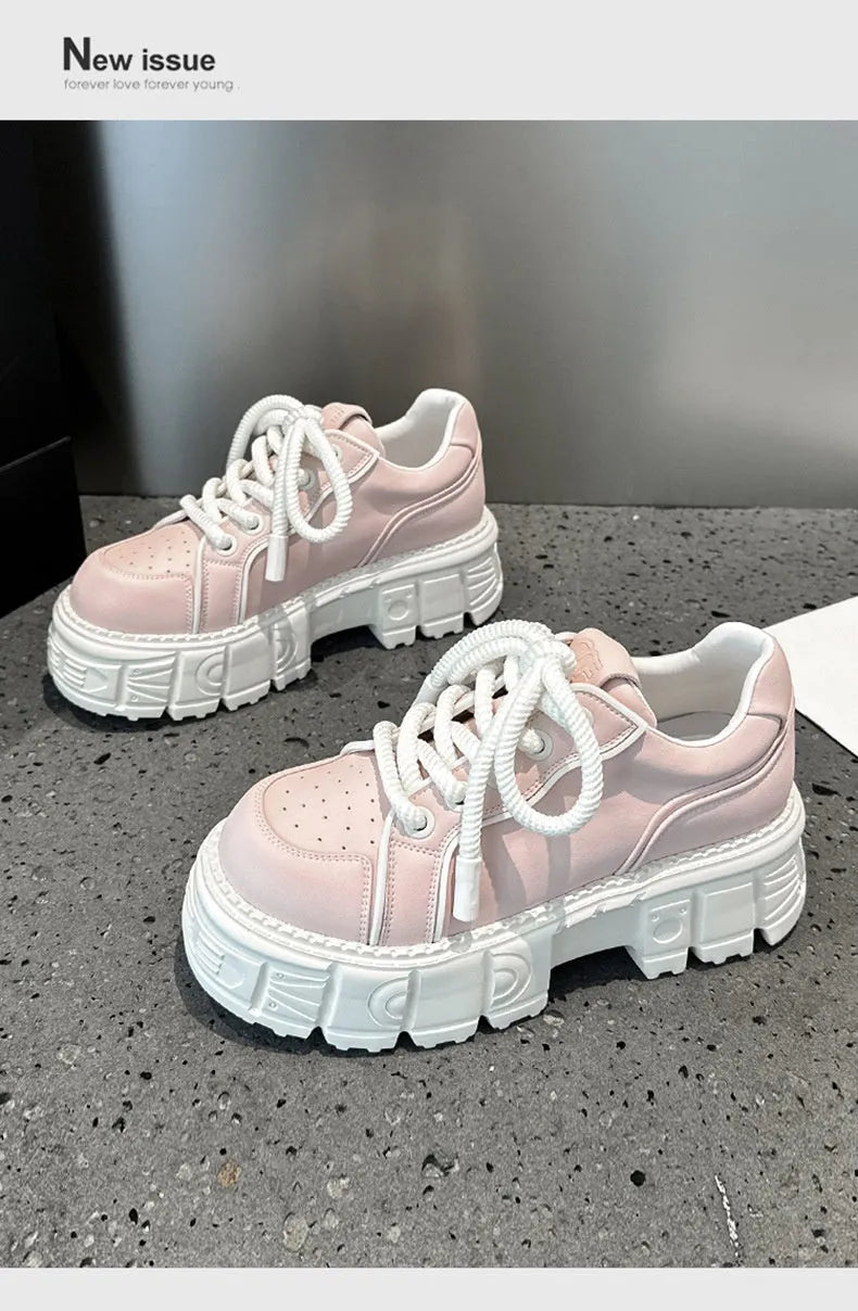 Women's beige muffin bottom leather casual shoes with wedge heel on white background