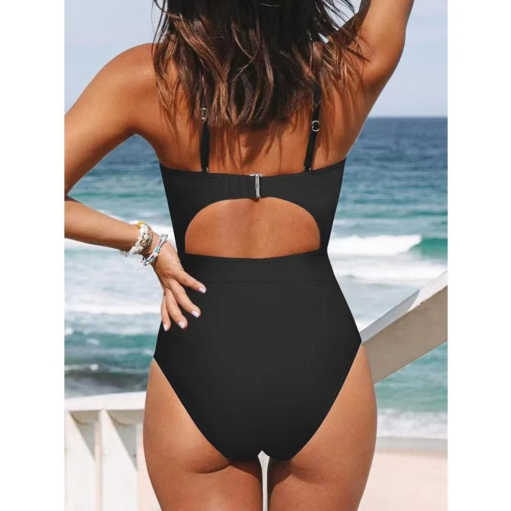 Women's solid colour cross-back one-piece swimsuit in black, wine red, or peacock blue