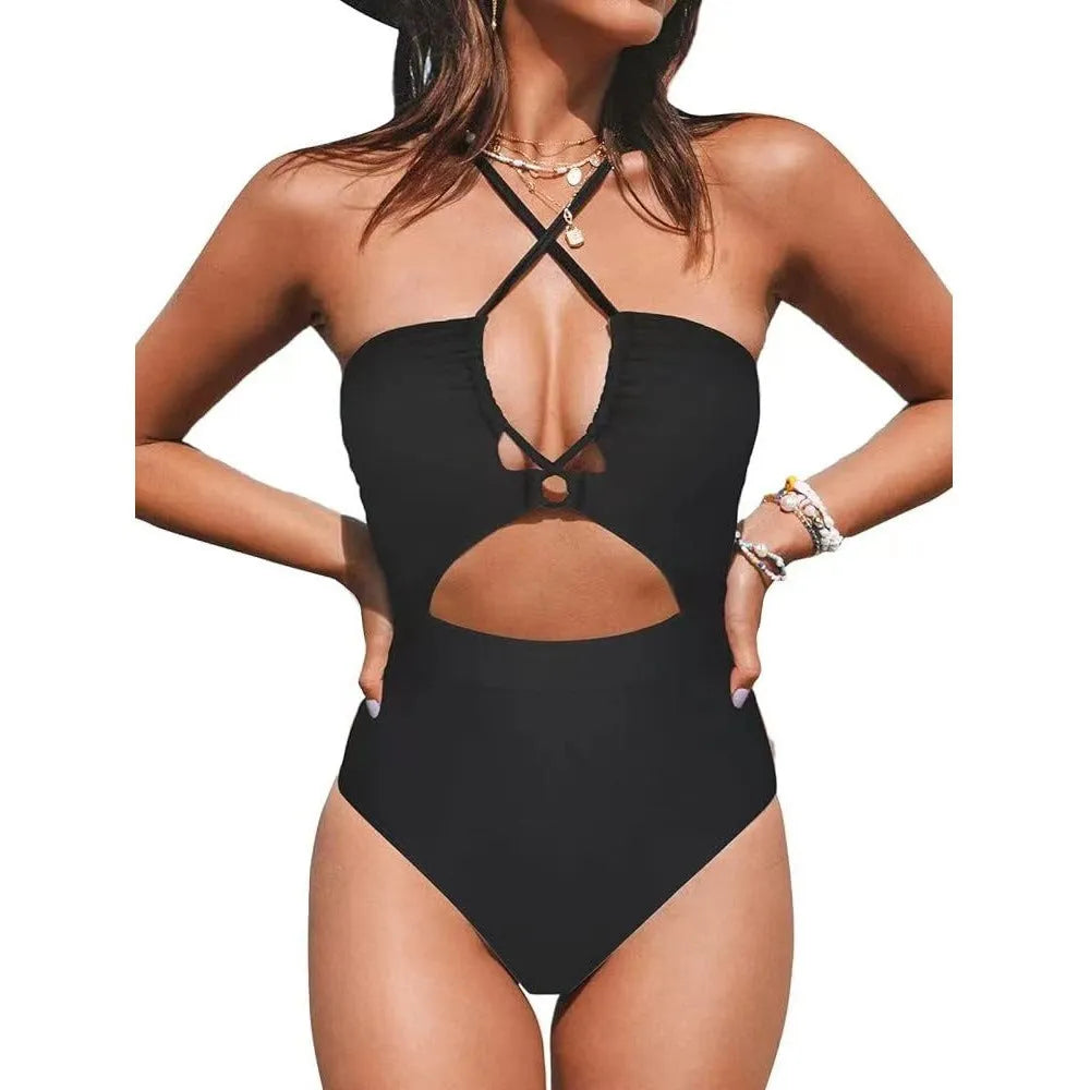 Women's solid colour cross-back one-piece swimsuit in black, wine red, or peacock blue
