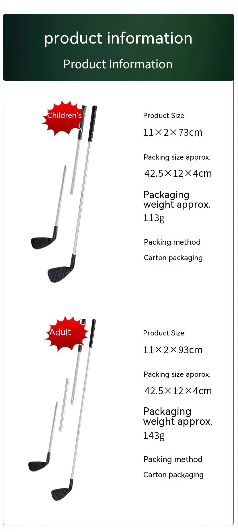 Metal golf training club set showing adult and children's versions for outdoor practice