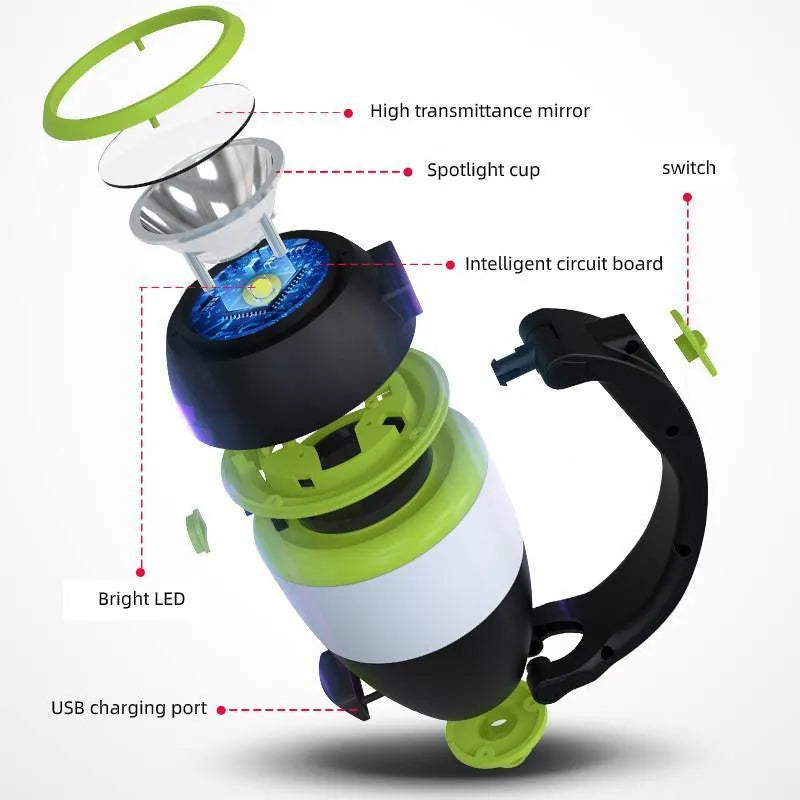 Black/green foldable LED camping lamp showing adjustable head and USB charging port