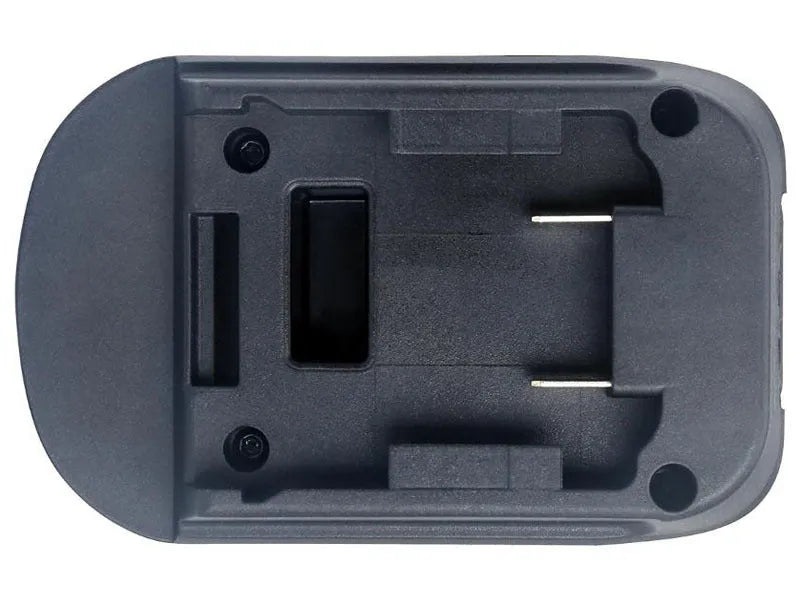 Black battery adapter converting Milwaukee DM18M to Makita H99F tools, 125x90x65mm