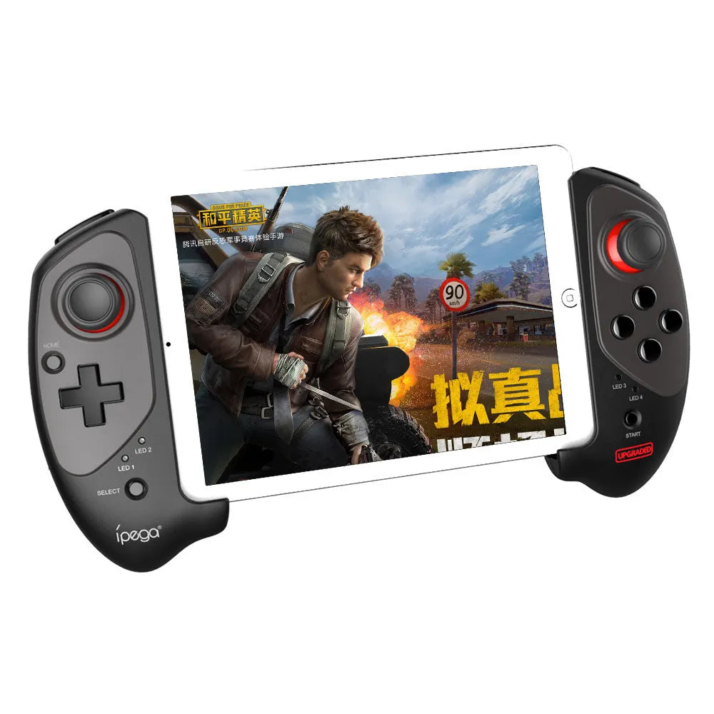 Red telescopic Bluetooth gamepad controller holding a smartphone, with a USB cable.
