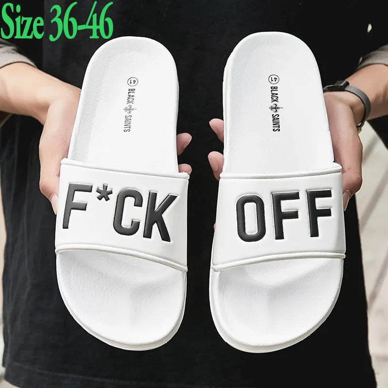 Men's open-toe slippers with rubber sole available in black and white colours for larger foot sizes