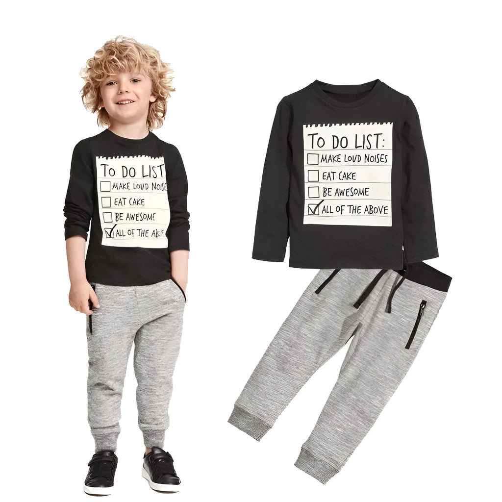 Boys' casual two-piece cotton clothing set with long sleeve T-shirt and trousers, featuring a letter print.