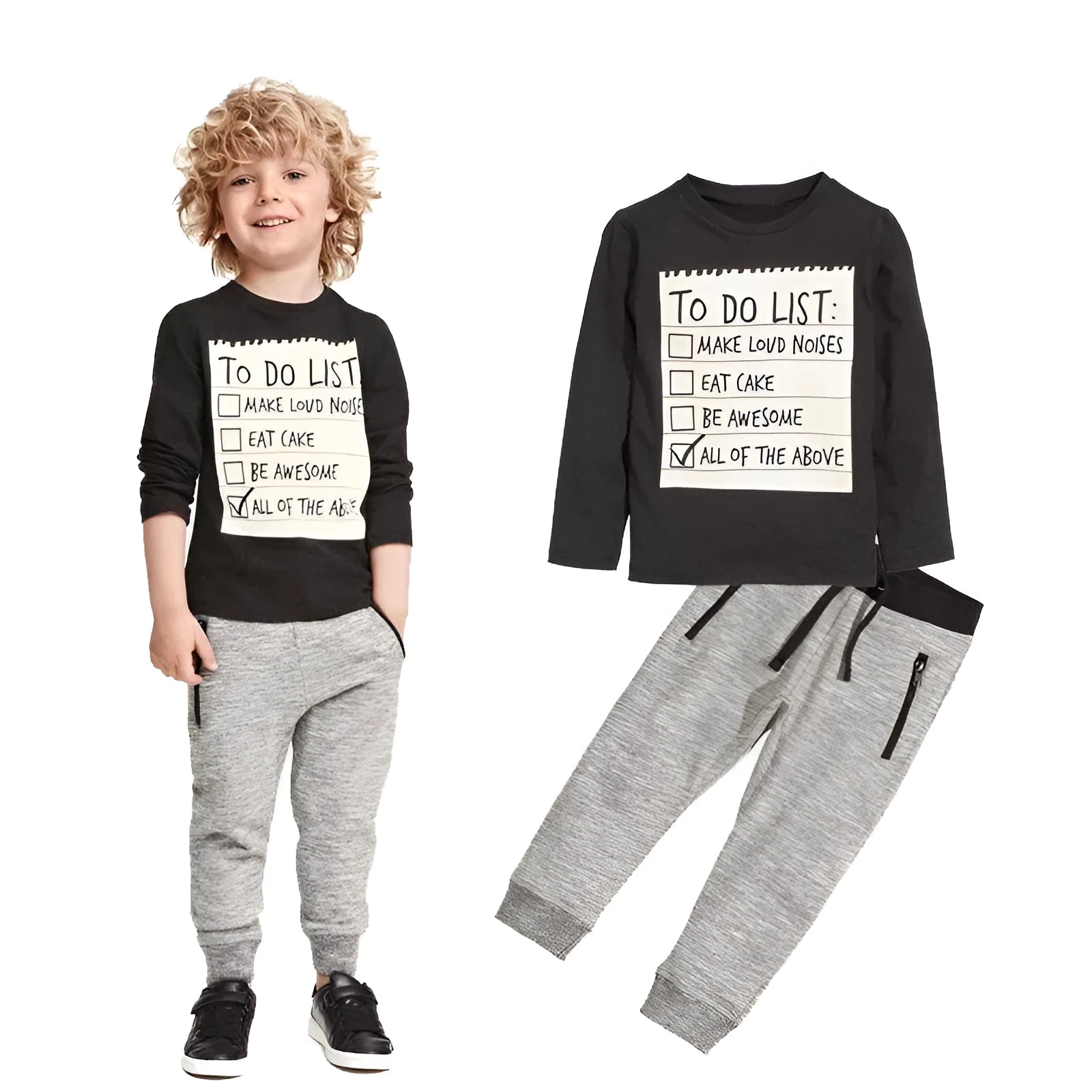 Boys' casual two-piece cotton clothing set with long sleeve T-shirt and trousers, featuring a letter print.