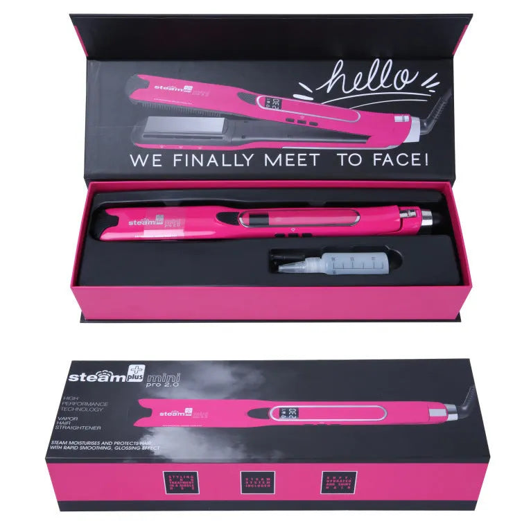 Mini steam spray hair straightener in purple, rose red or champagne colour with steam mist function