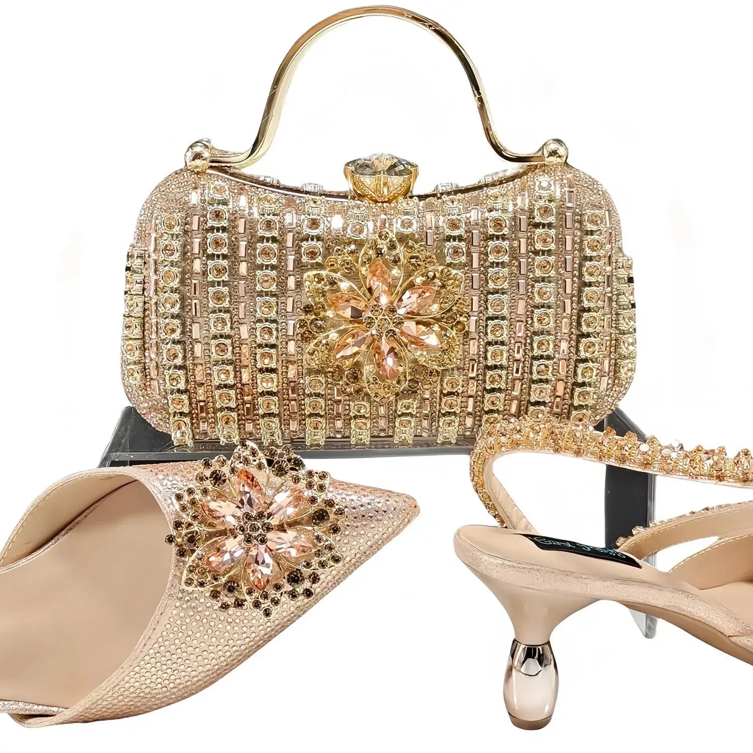 Women's black high heel shoes with matching clutch bag, decorative drill buckle flower ankle chain, and rhinestone details.