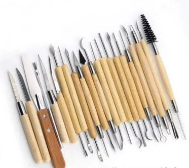 27-piece brown pottery clay tool set with wooden, stainless steel and plastic sculpting tools