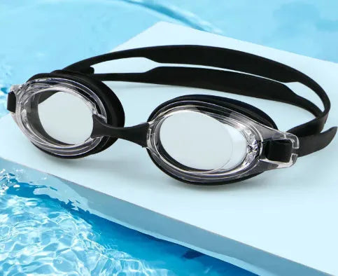 Myopia swimming goggles with anti-fog lenses and a protective storage case in assorted colours.