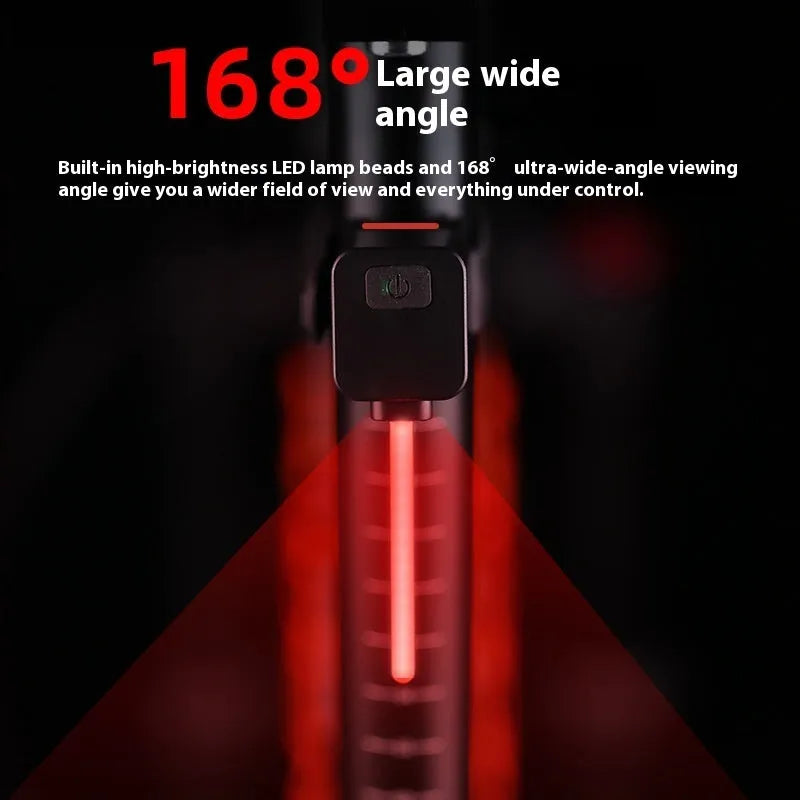 Plug-in bicycle safety taillight with running water LED flashing sequence mounted on a bike seat tube.