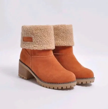 Women's mid-calf suede snow boots with a thick low heel and round toe in grey.