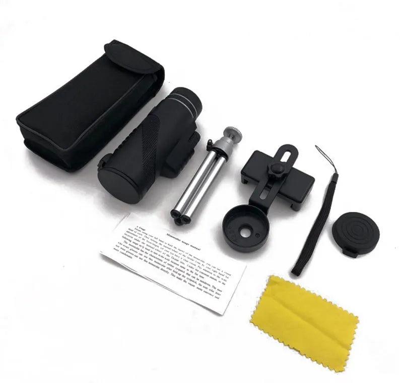 Black HD 40x60 smartphone monocular telescope with waterproof construction and FMC coated lenses
