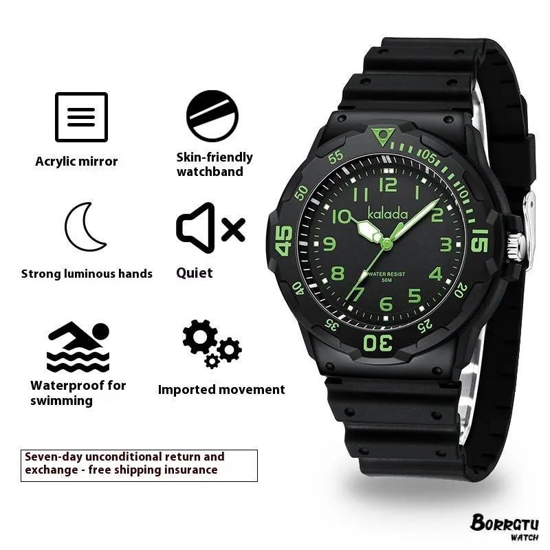 Men's sports luminous pointer quartz watch with black dial and sports bracelet