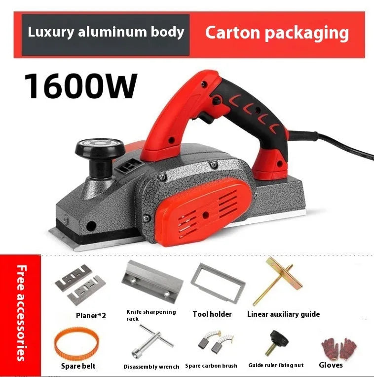 Red electric wood planer with aluminium body and 82mm planing width for household carpentry