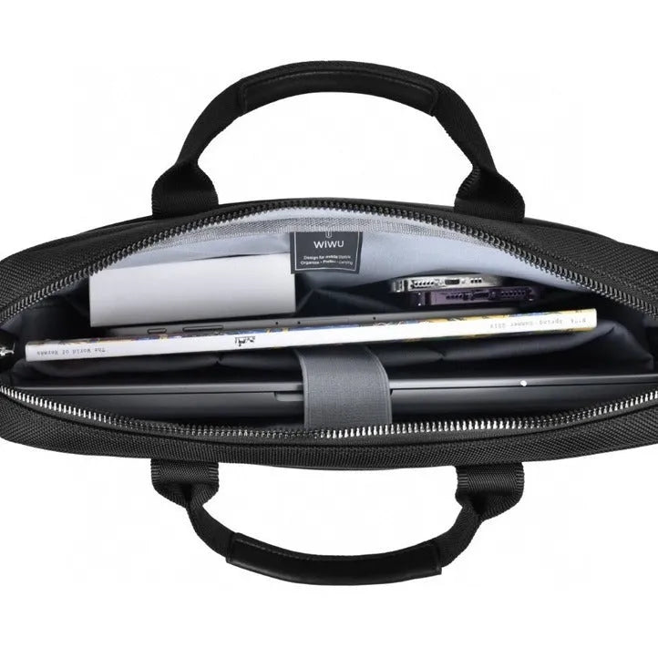 Black Oxford cloth laptop backpack showing multi-pocket organisation and a lock feature.