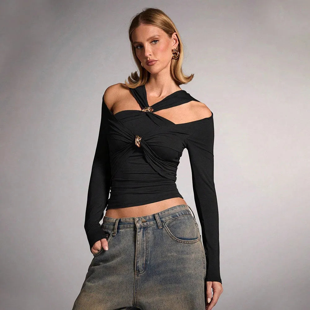 Black women's halter top with shoulder-baring strapless design and long sleeves