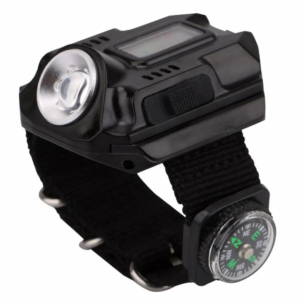 Black LED watch flashlight on wristband with compass and time display