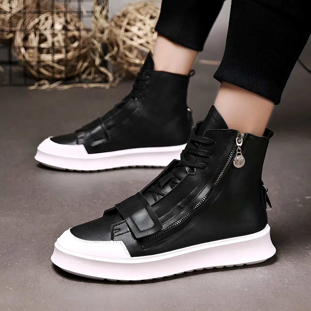 Men's black and white PU leather winter ankle boots in high-top sneaker style showing size range