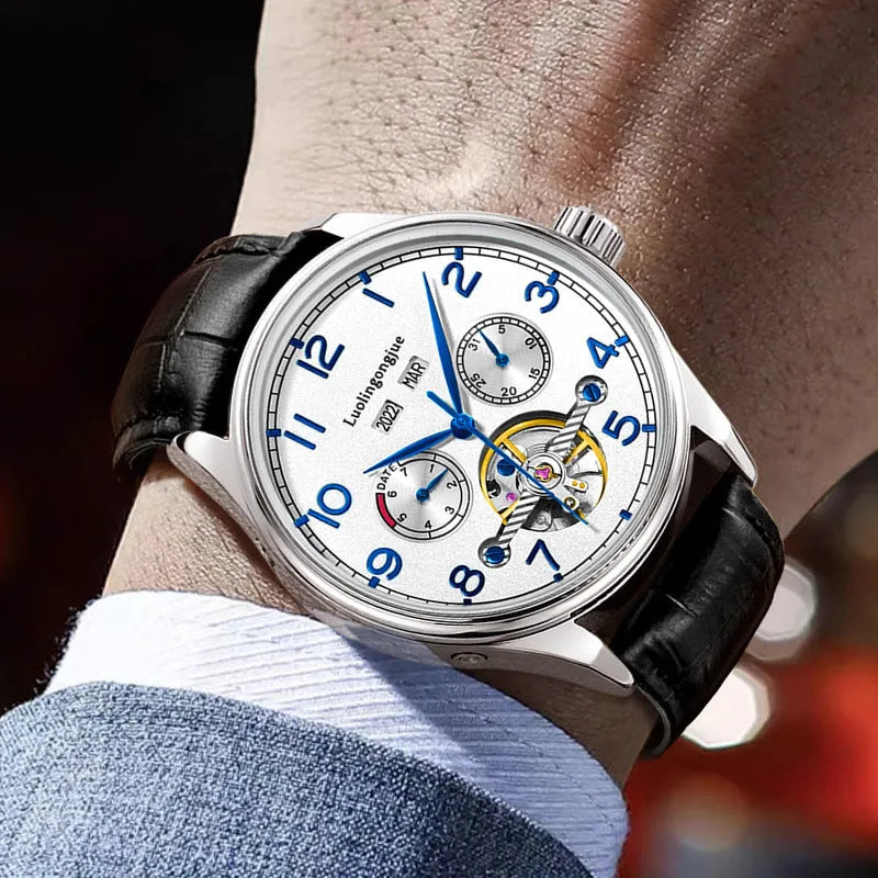 Business men's mechanical watch with hollow dial, stainless steel case, and leather strap