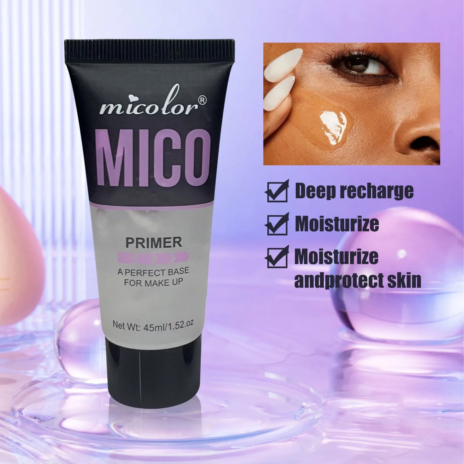 Two monochrome makeup spray bottles: 45ml pre makeup lotion and 40ml finishing spray