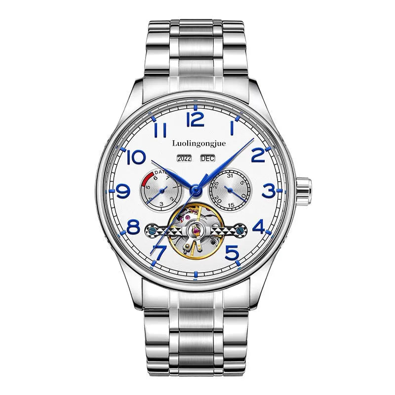 Business men's mechanical watch with hollow dial, stainless steel case, and leather strap