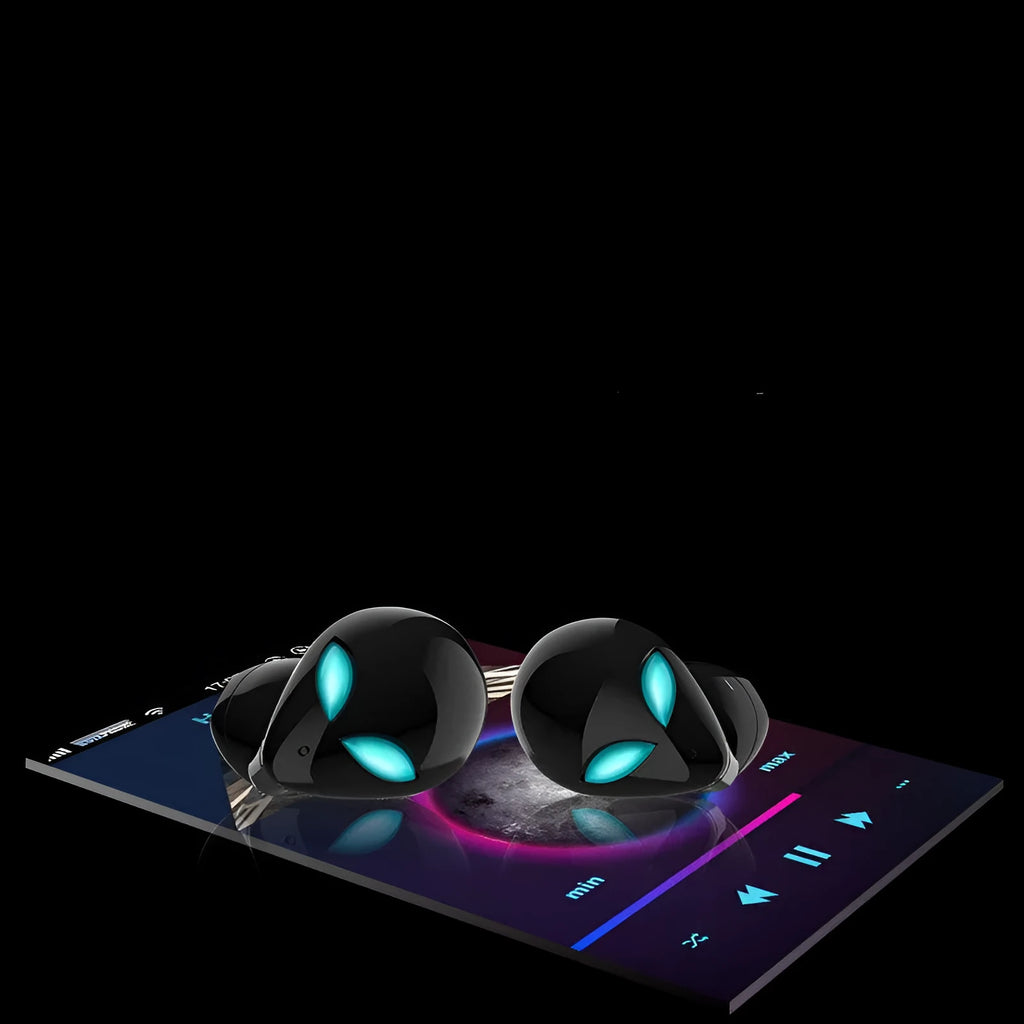 Creative Outer T8 Starman black and white alien design Bluetooth earbuds with coloured lights and wireless charging case.