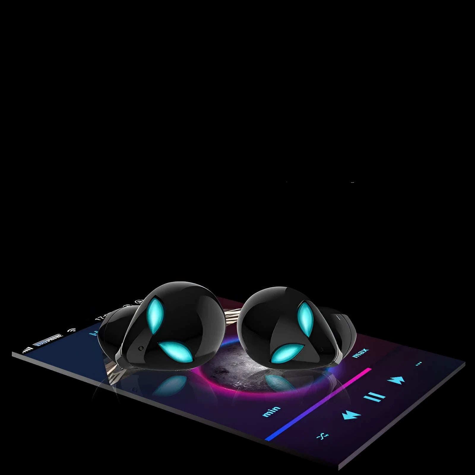 Creative Outer T8 Starman black and white alien design Bluetooth earbuds with coloured lights and wireless charging case.