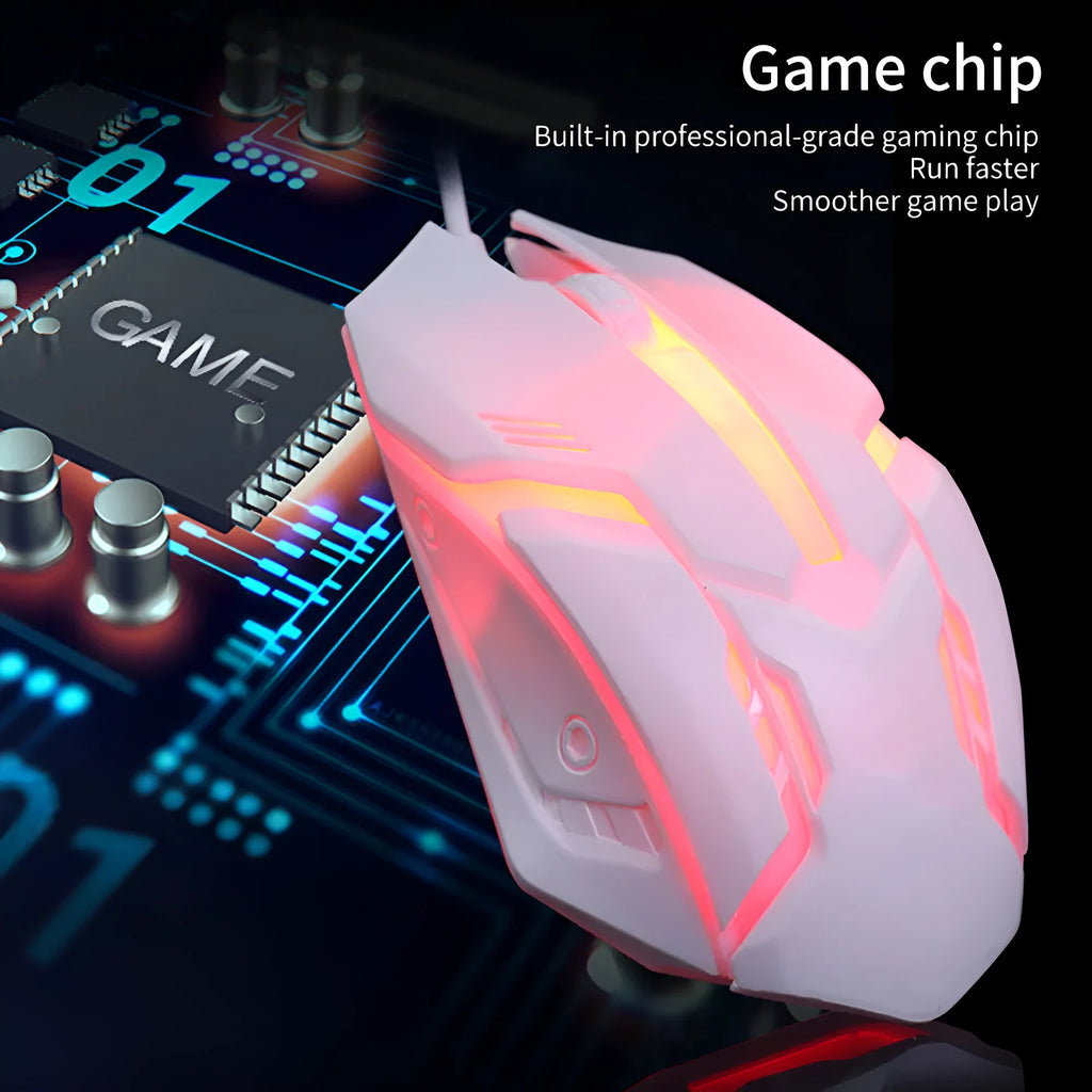 Wired USB computer mouse with colourful LED glow, black or white luminous shell, 3 buttons, and 1.3m cable.