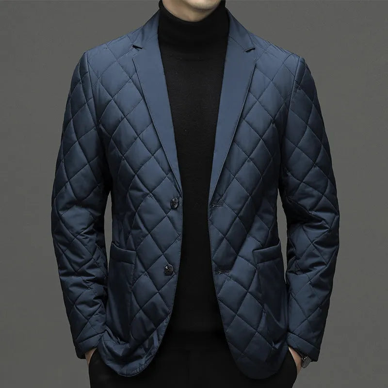 Men's black lapel cardigan style down jacket with side seam pockets, regular cut, Asian youth sizing