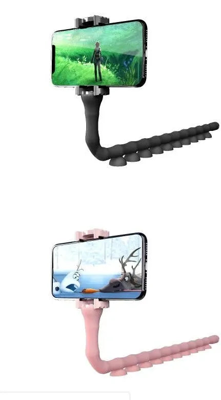 Black flexible worm arm phone holder with suction cup attached to a bicycle handlebar