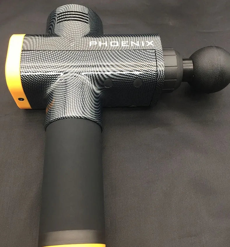 Black and silver deep tissue massage gun with four interchangeable heads on a grey background
