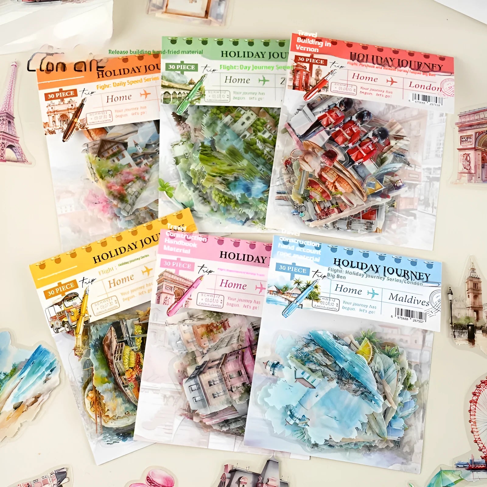 Holiday Journey Series architecture journal stickers showing six retro landmark designs