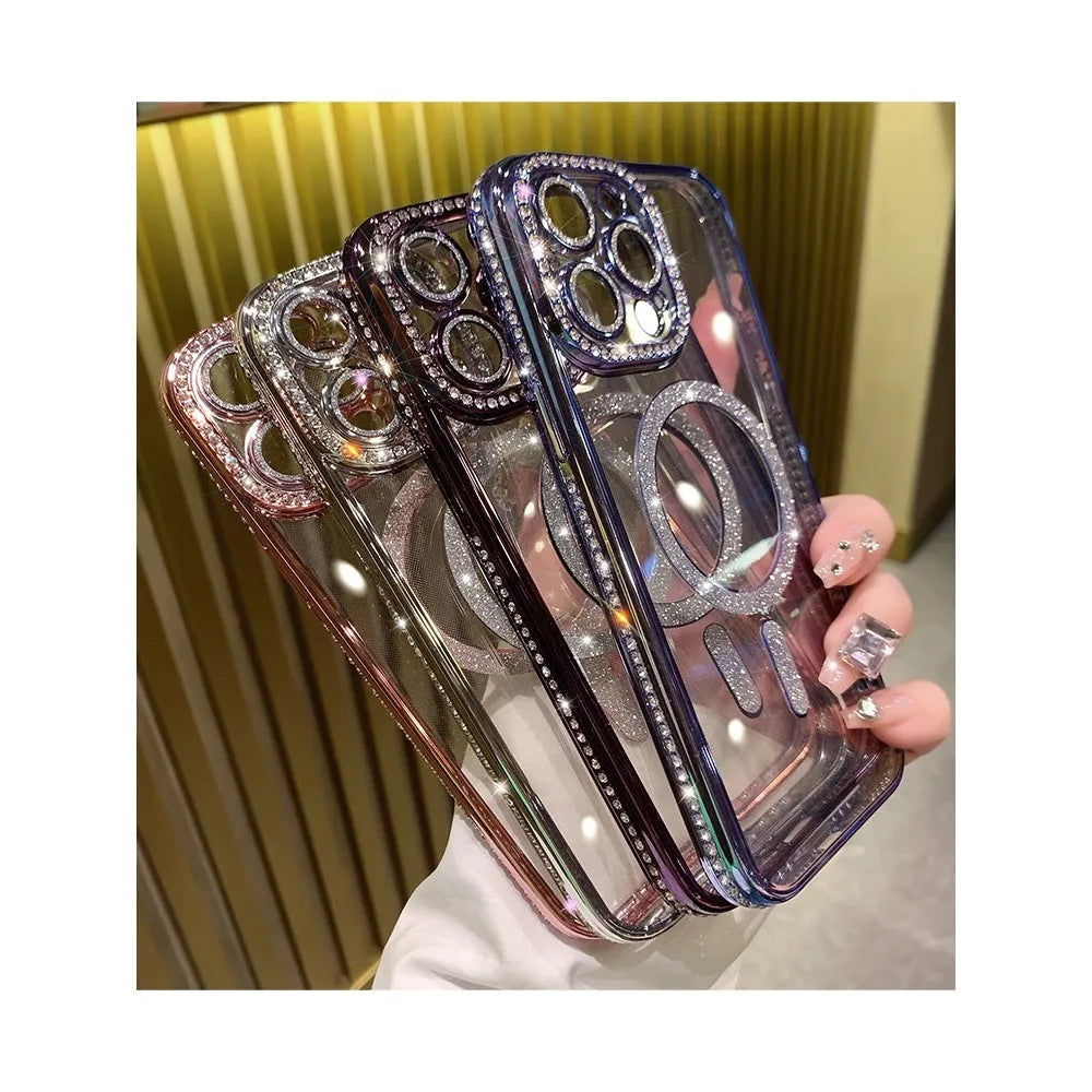 Wireless magnetic iPhone case with soft silicone edges and electroplated finish in multiple colour options