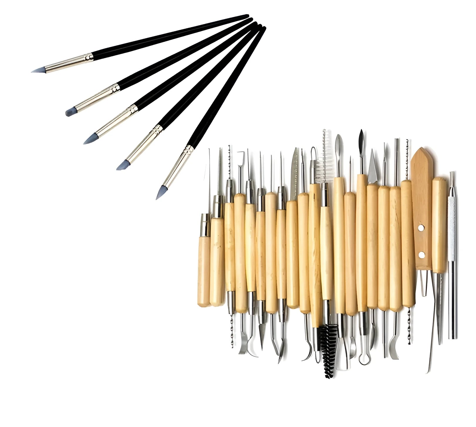 27-piece brown pottery clay tool set with wooden, stainless steel and plastic sculpting tools