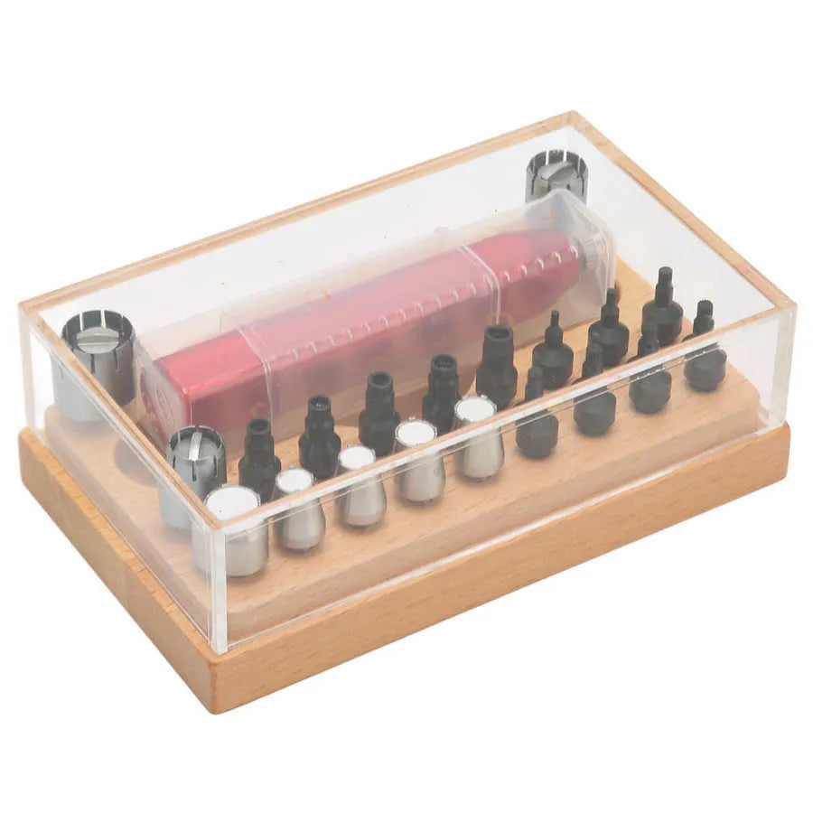20-piece steel watch repair tool kit with extracting and opening tubes on a work surface.